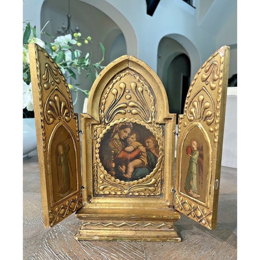 Vtg Italian Religious Standing Triptych Heavy Gesso Madonna Angels Gilt Wood 9"